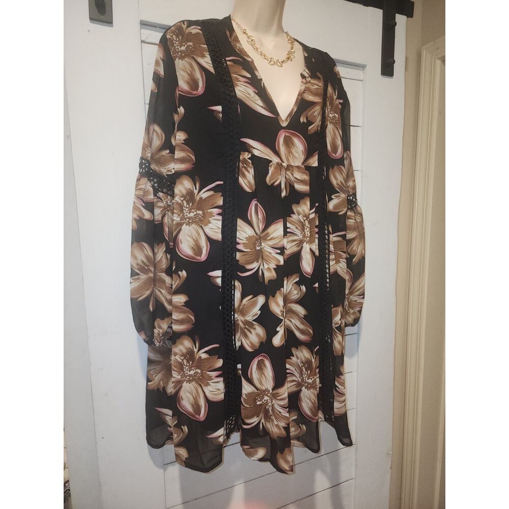 Entro Women's Black/Brown Floral Print Mini Dress Size Large Embroidered - Picture 11 of 16